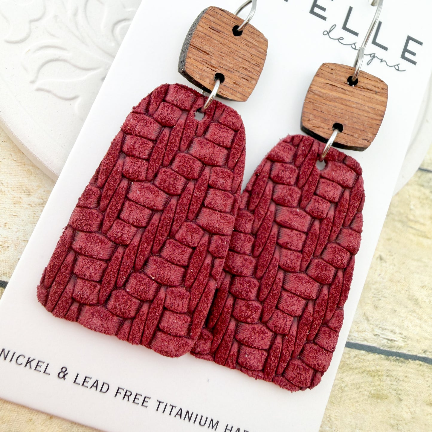 Maroon Embossed Sweater Leather Earrings - Titanium for Sensitive Ears