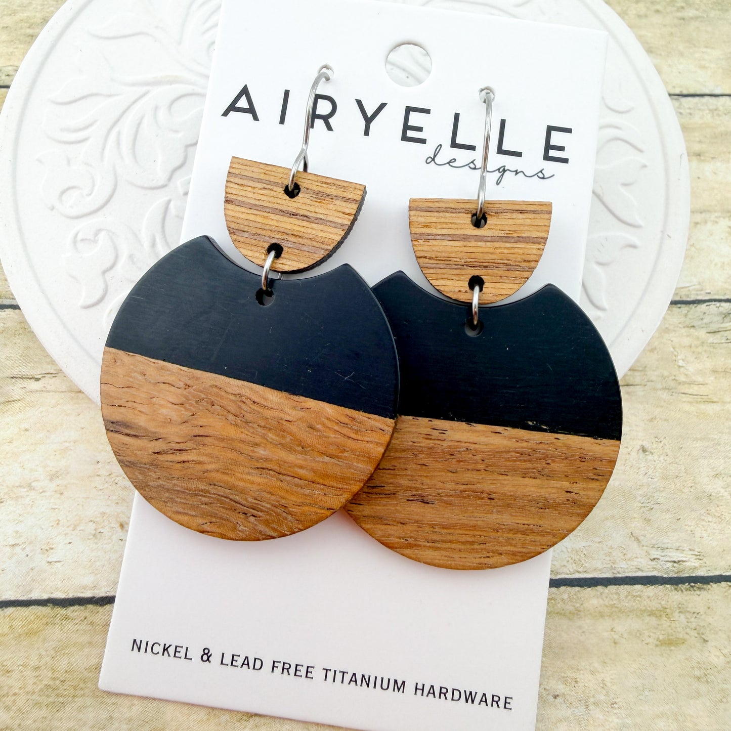 Black Eclipse Wood + Acrylic Round Earrings - Titanium for Sensitive Ears