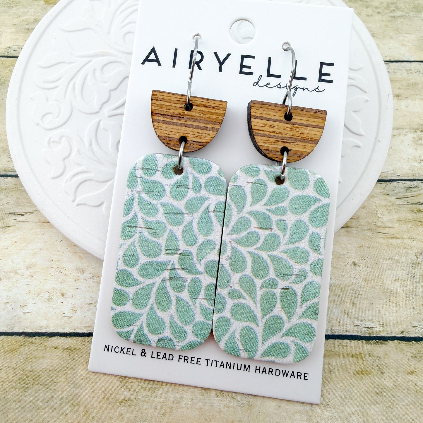 Green Leaf Drops Cork + Leather Earrings - Titanium for Sensitive Ears