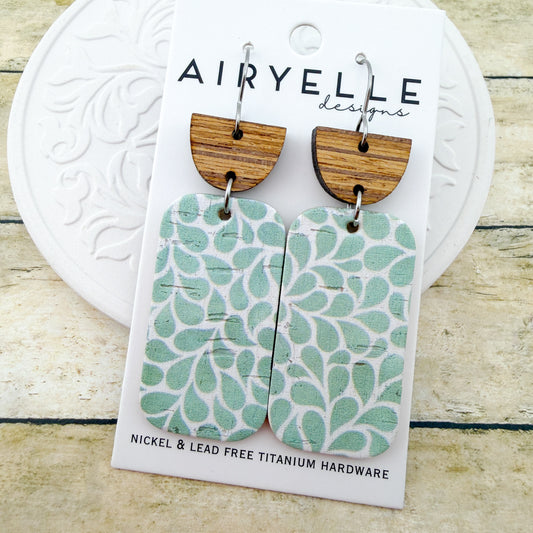 Green Leaf Drops Cork + Leather Earrings - Titanium for Sensitive Ears