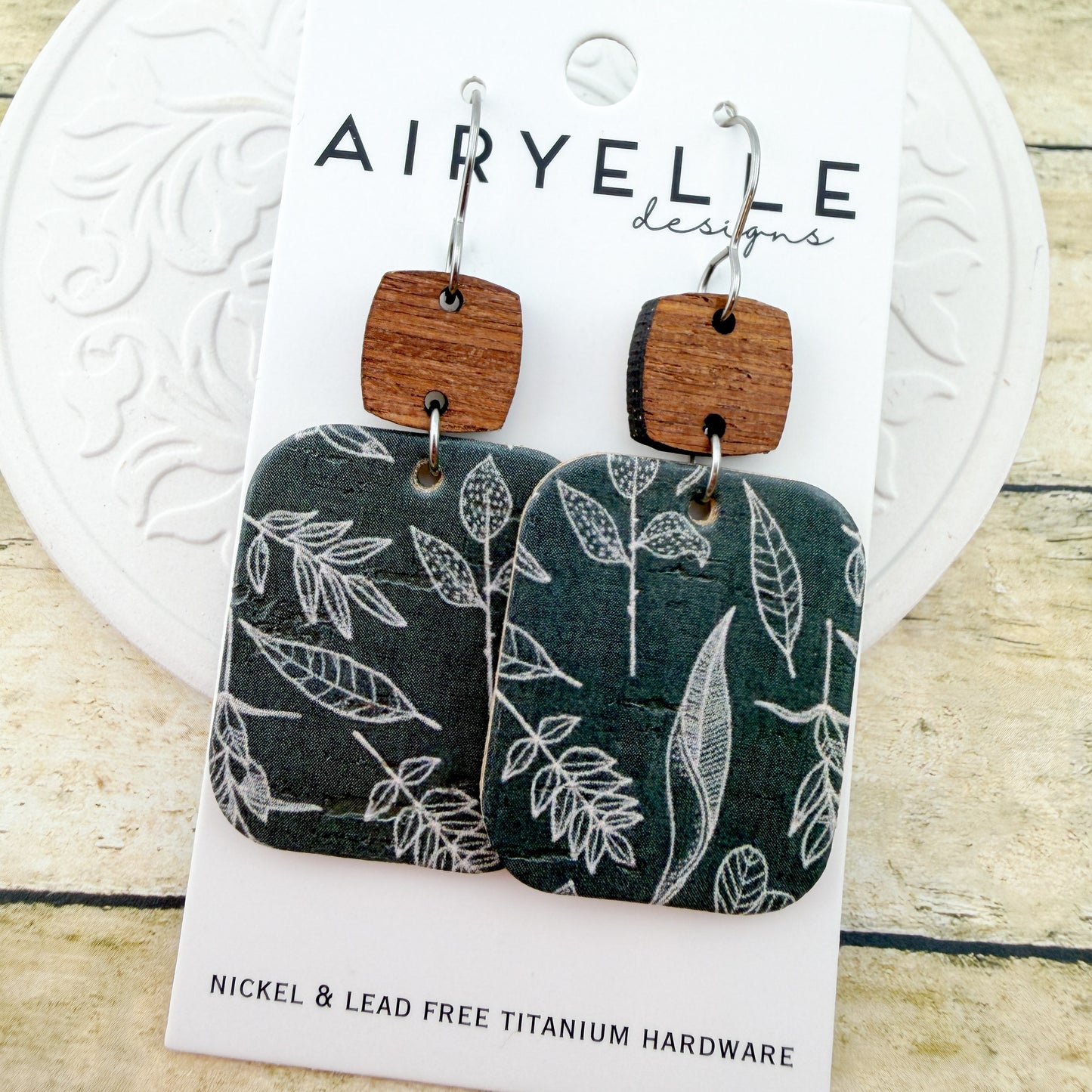 Sage Botanical Cork + Leather Square Earrings - Titanium for Sensitive Ears