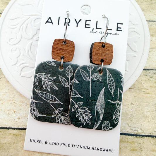 Sage Botanical Cork + Leather Square Earrings - Titanium for Sensitive Ears