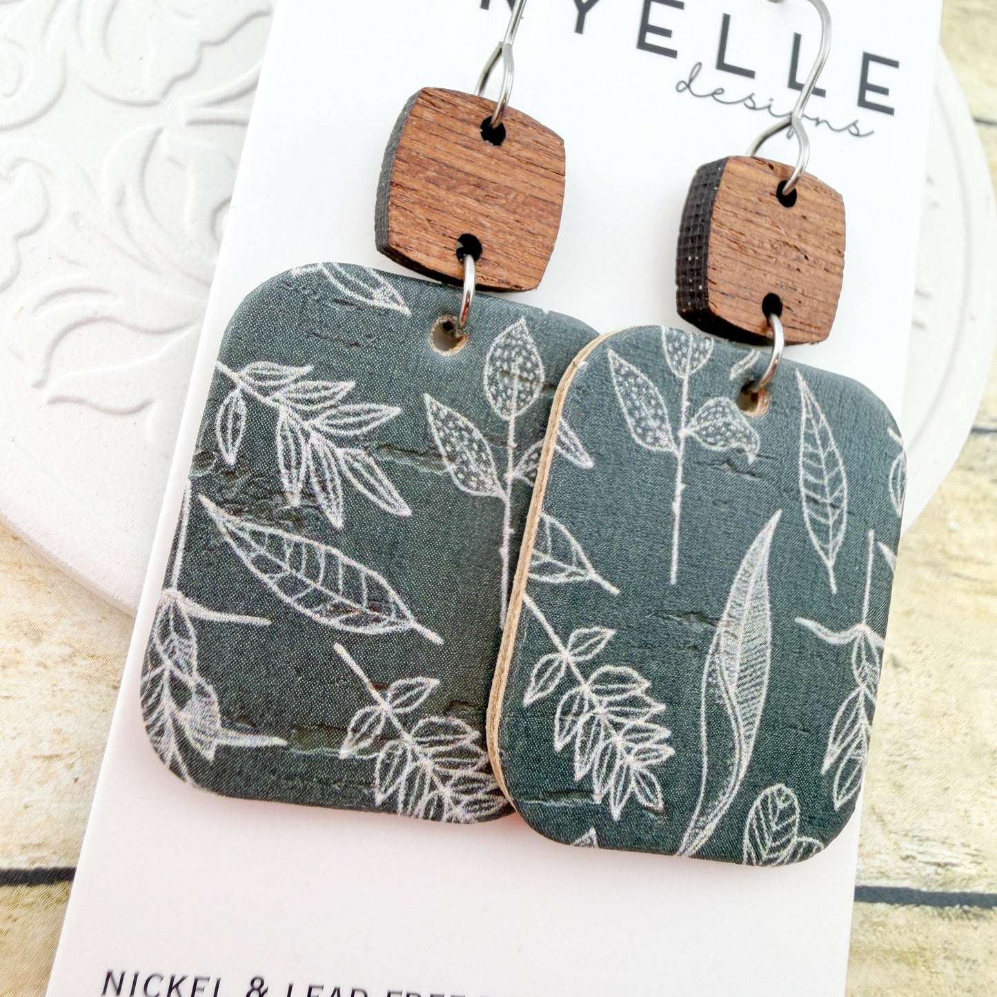Sage Botanical Cork + Leather Square Earrings - Titanium for Sensitive Ears