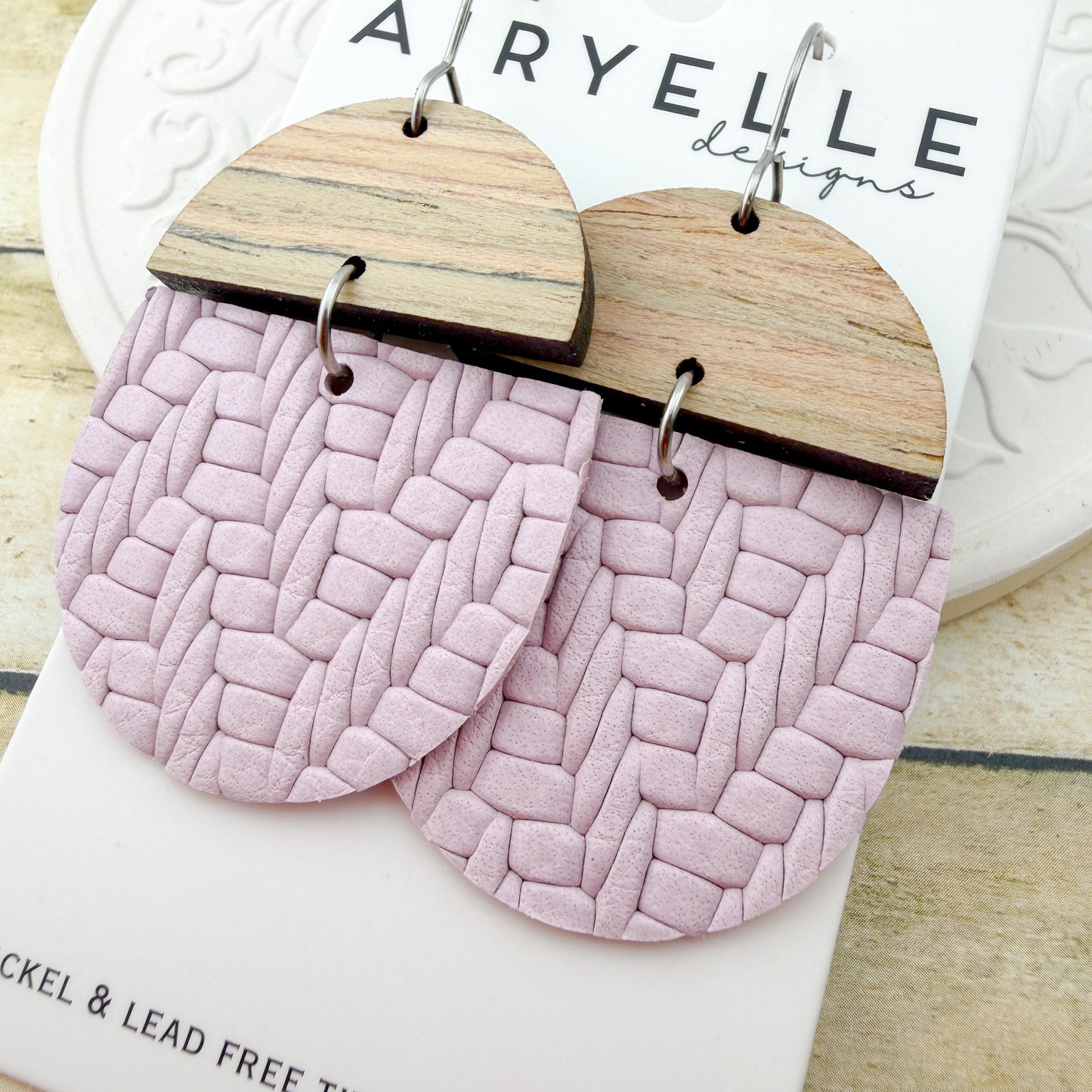 Frosted Pink Embossed Sweater Leather Scoop Earrings - Titanium for Sensitive Ears