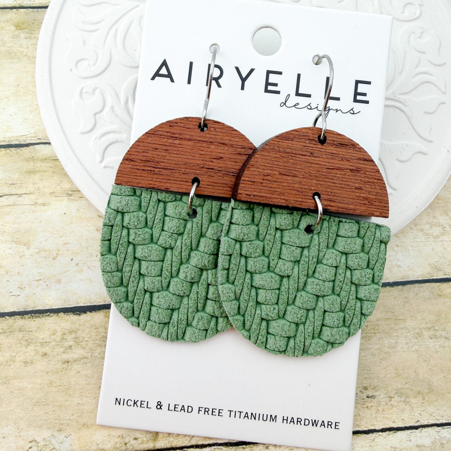 Kale Green Embossed Sweater Leather Scoop Earrings - Titanium for Sensitive Ears