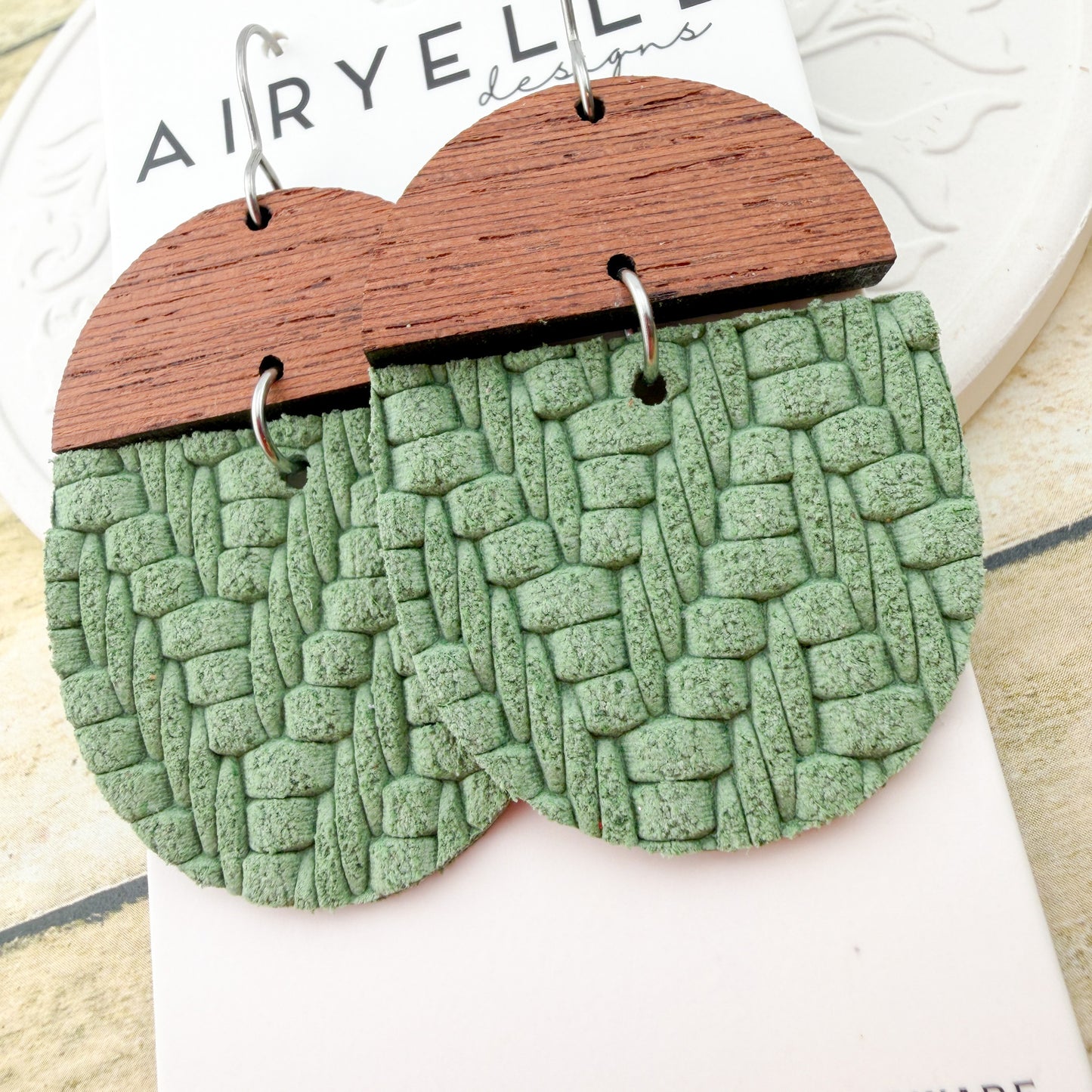 Kale Green Embossed Sweater Leather Scoop Earrings - Titanium for Sensitive Ears