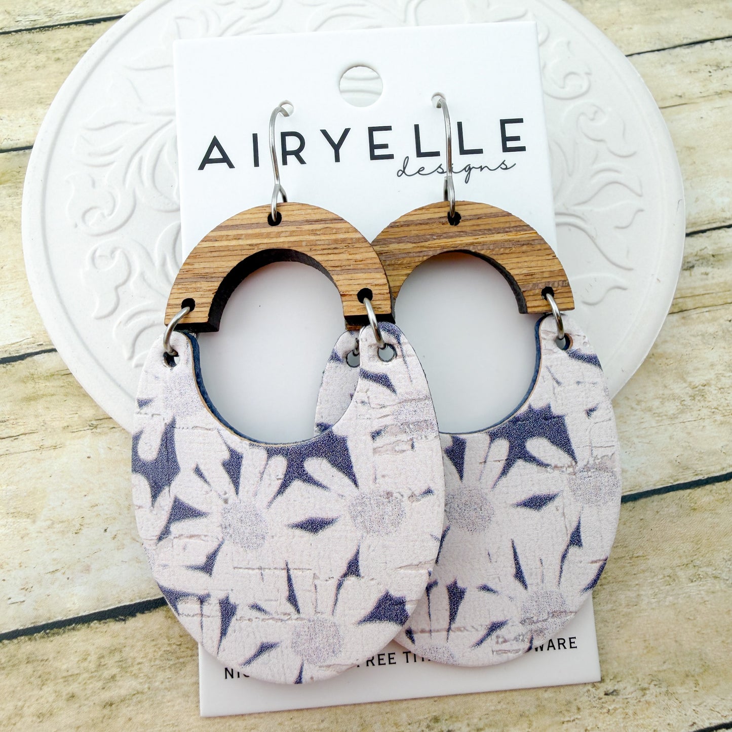 Navy Daisies Cork + Leather Scoop Earrings - Titanium for Sensitive Ears