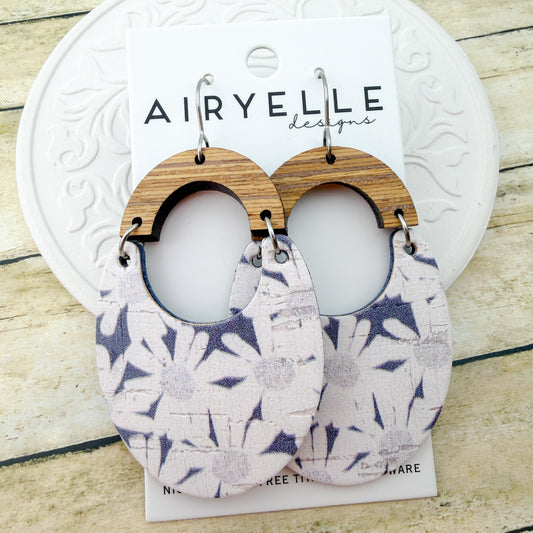 Navy Daisies Cork + Leather Scoop Earrings - Titanium for Sensitive Ears