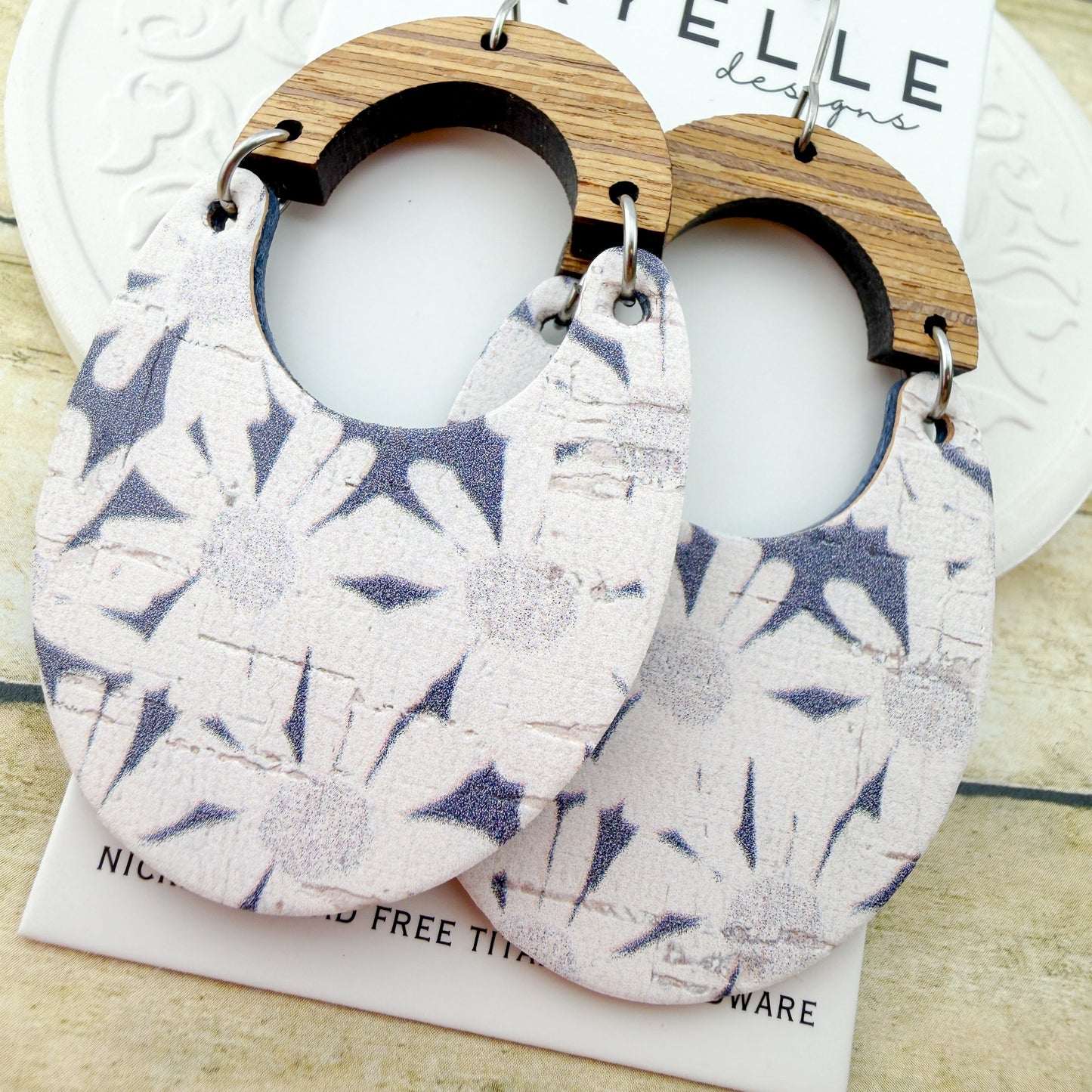 Navy Daisies Cork + Leather Scoop Earrings - Titanium for Sensitive Ears