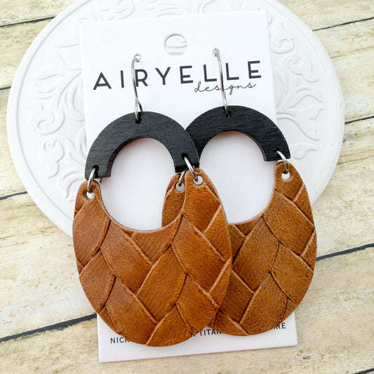Saddle Box Braid Leather + Wood Scoop Earrings - Titanium for Sensitive Ears