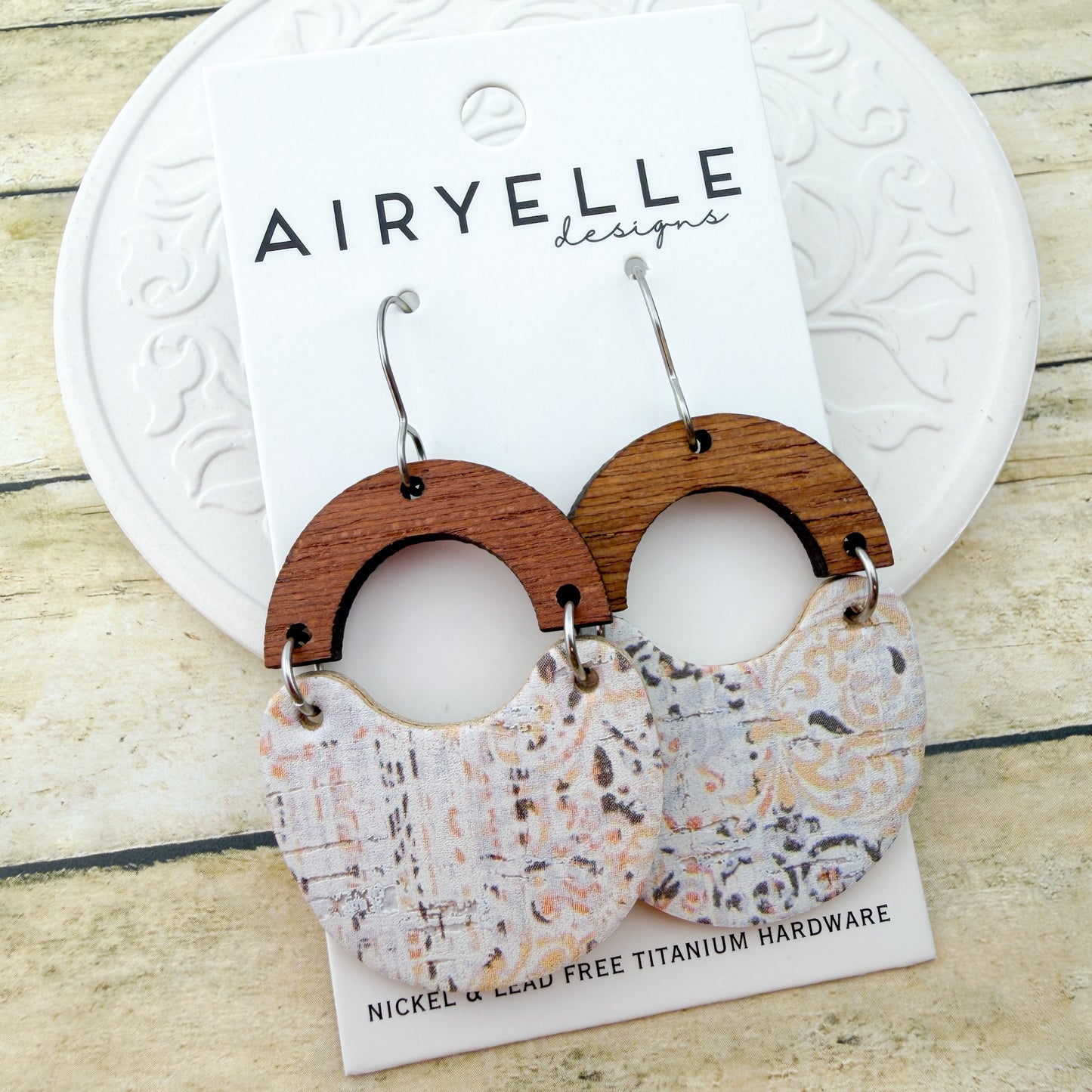 Antique Damask Cork + Leather Scoop Earrings - Titanium for Sensitive Ears