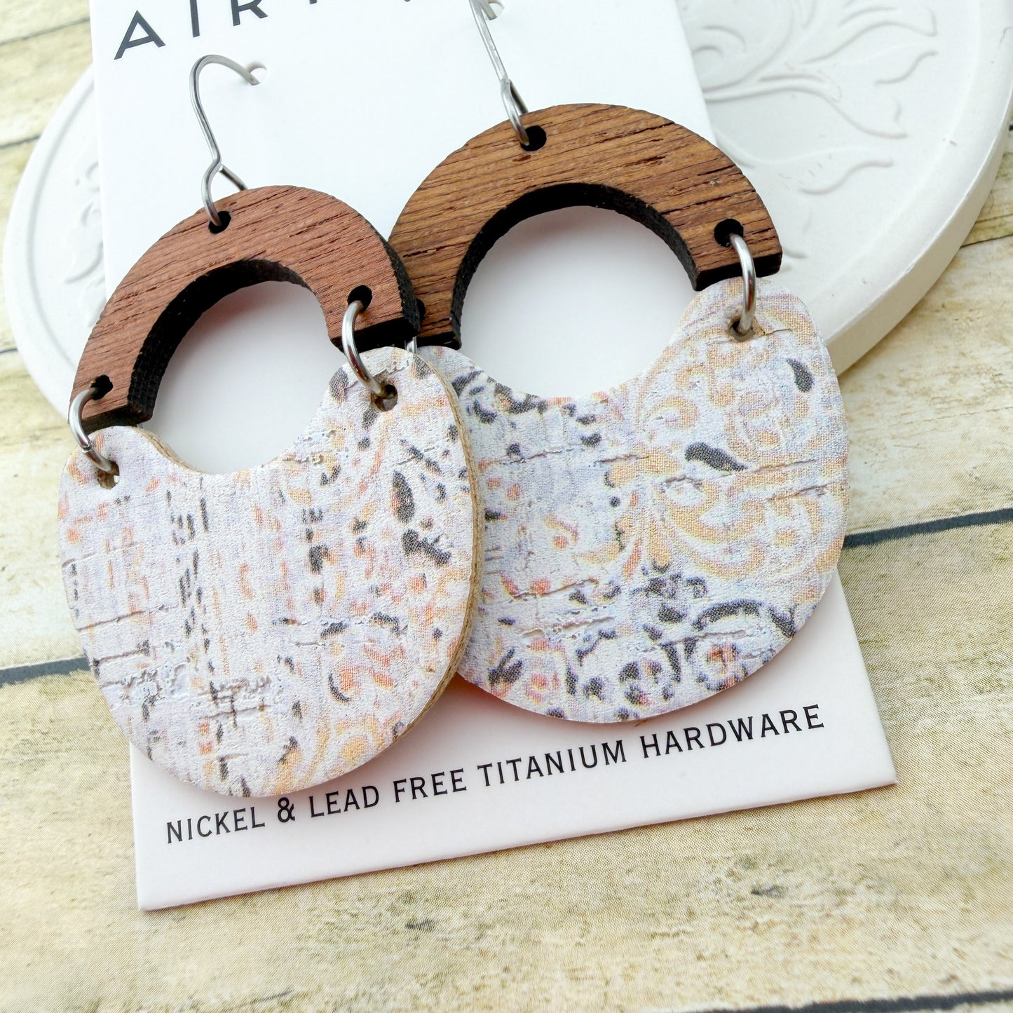 Antique Damask Cork + Leather Scoop Earrings - Titanium for Sensitive Ears