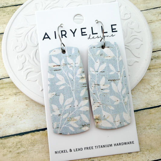 Light Blue Willow Cork + Leather Boxy Bar Earrings - Titanium for Sensitive Ears