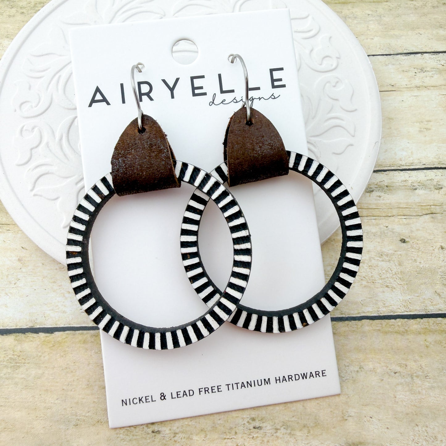 Black & White Pinstripe Hoop Earrings - Titanium for Sensitive Ears