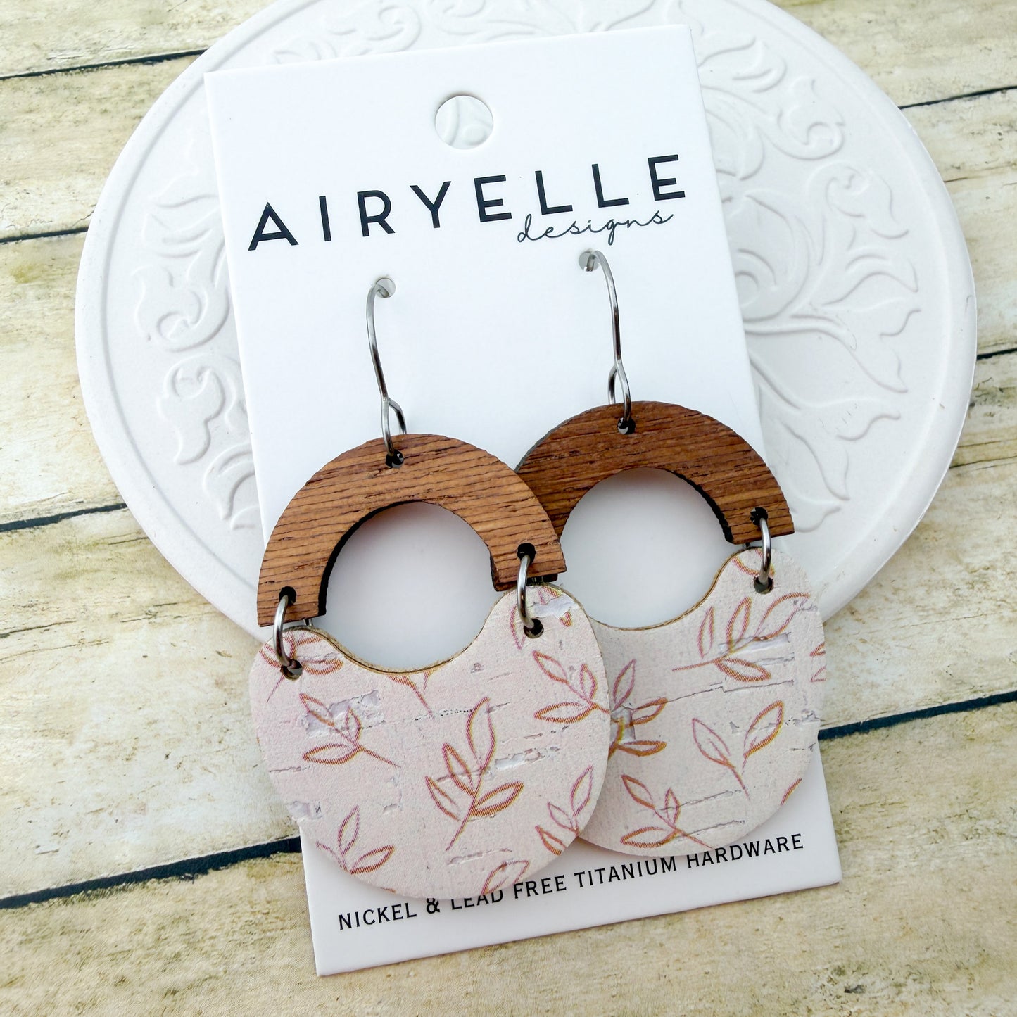 Linen Leaf Cork + Leather Scoop Earrings - Titanium for Sensitive Ears