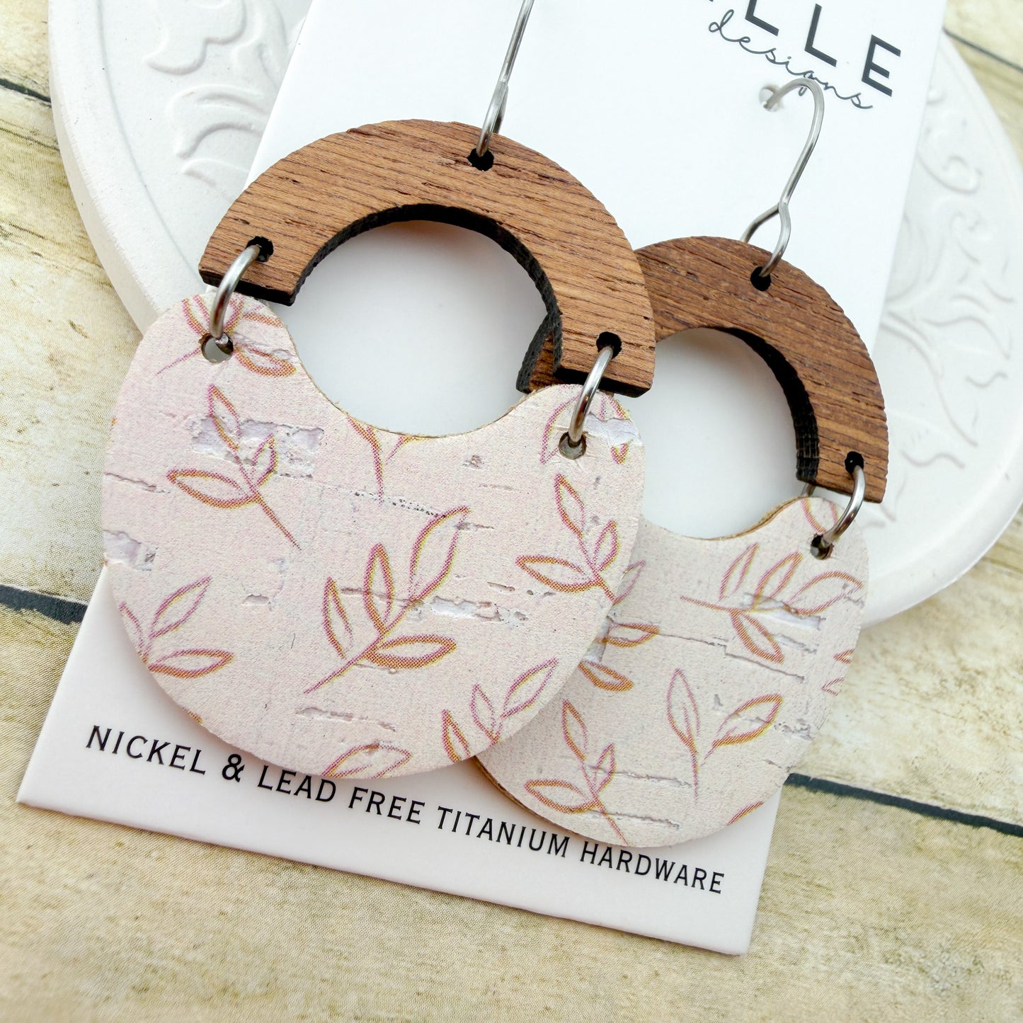 Linen Leaf Cork + Leather Scoop Earrings - Titanium for Sensitive Ears